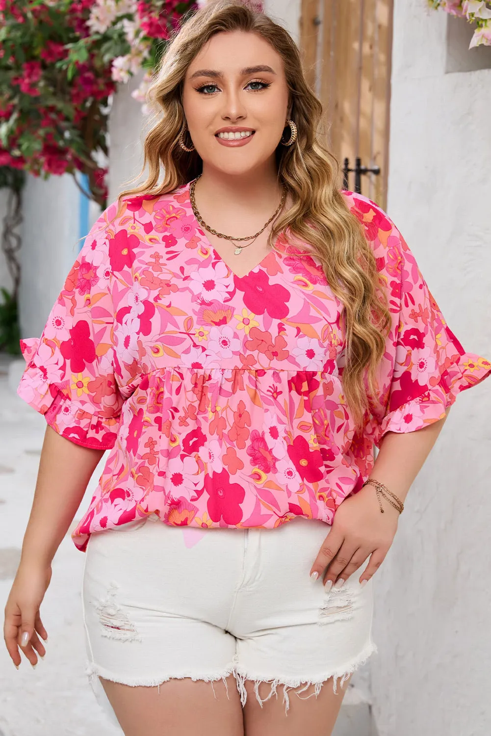 Kaiya Floral Print Ruffled Half Sleeve Plus Size Babydoll Blouse