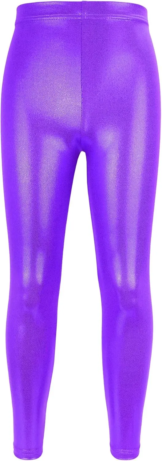 Kids Girls Dance Pants Gymnastic Shiny Metallic Dance Leggings Skinny for Performances Costume