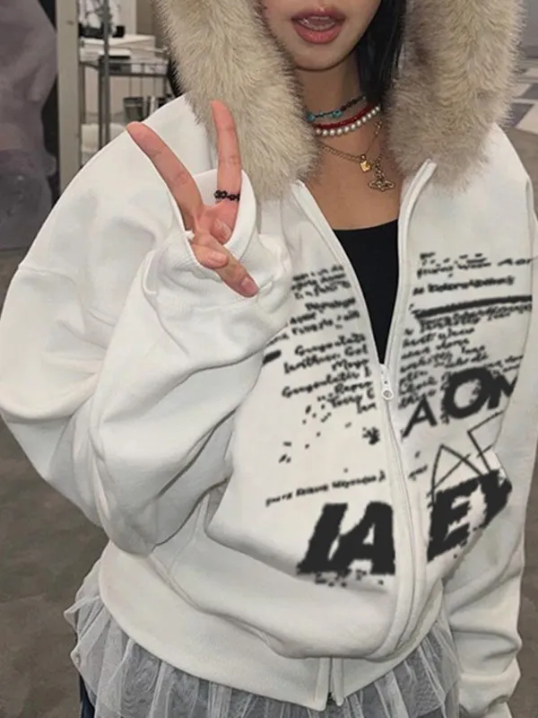 Letter Printed Plush Hooded Jacket