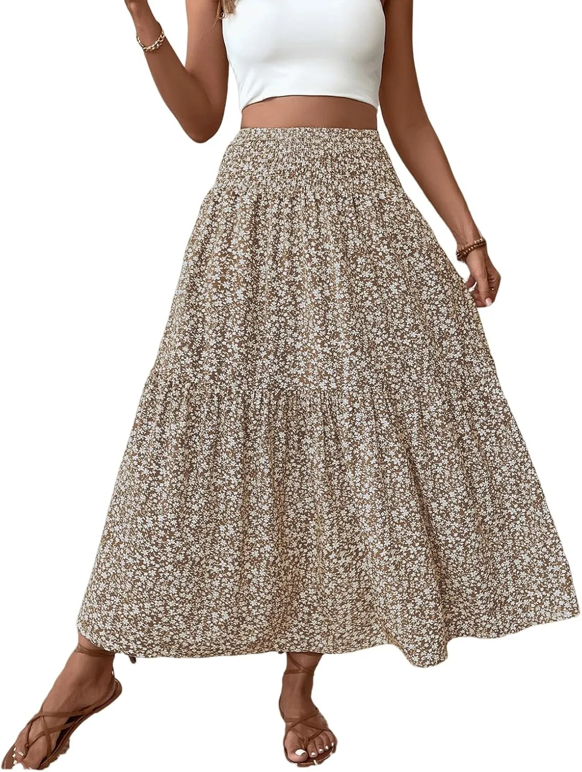 Long Flowy Skirts for Women Boho Chiffon Elastic High Waist Pleated A-Line Flared Maxi Skirt Summer Beach Skirts