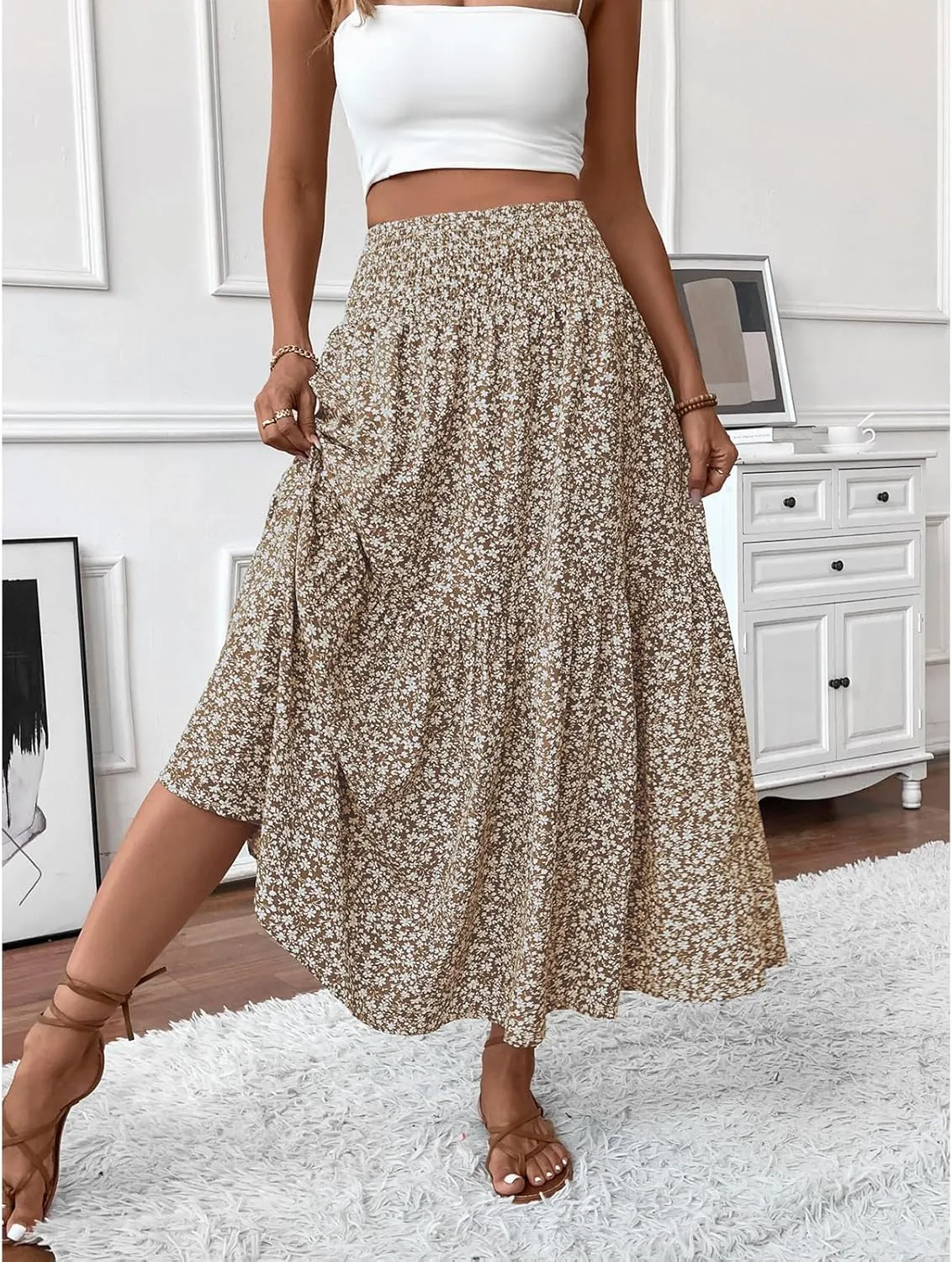 Long Flowy Skirts for Women Boho Chiffon Elastic High Waist Pleated A-Line Flared Maxi Skirt Summer Beach Skirts