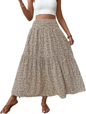 Long Flowy Skirts for Women Boho Chiffon Elastic High Waist Pleated A-Line Flared Maxi Skirt Summer Beach Skirts