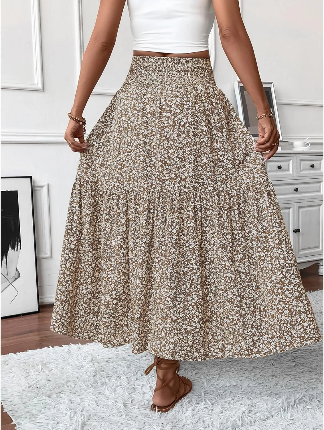 Long Flowy Skirts for Women Boho Chiffon Elastic High Waist Pleated A-Line Flared Maxi Skirt Summer Beach Skirts