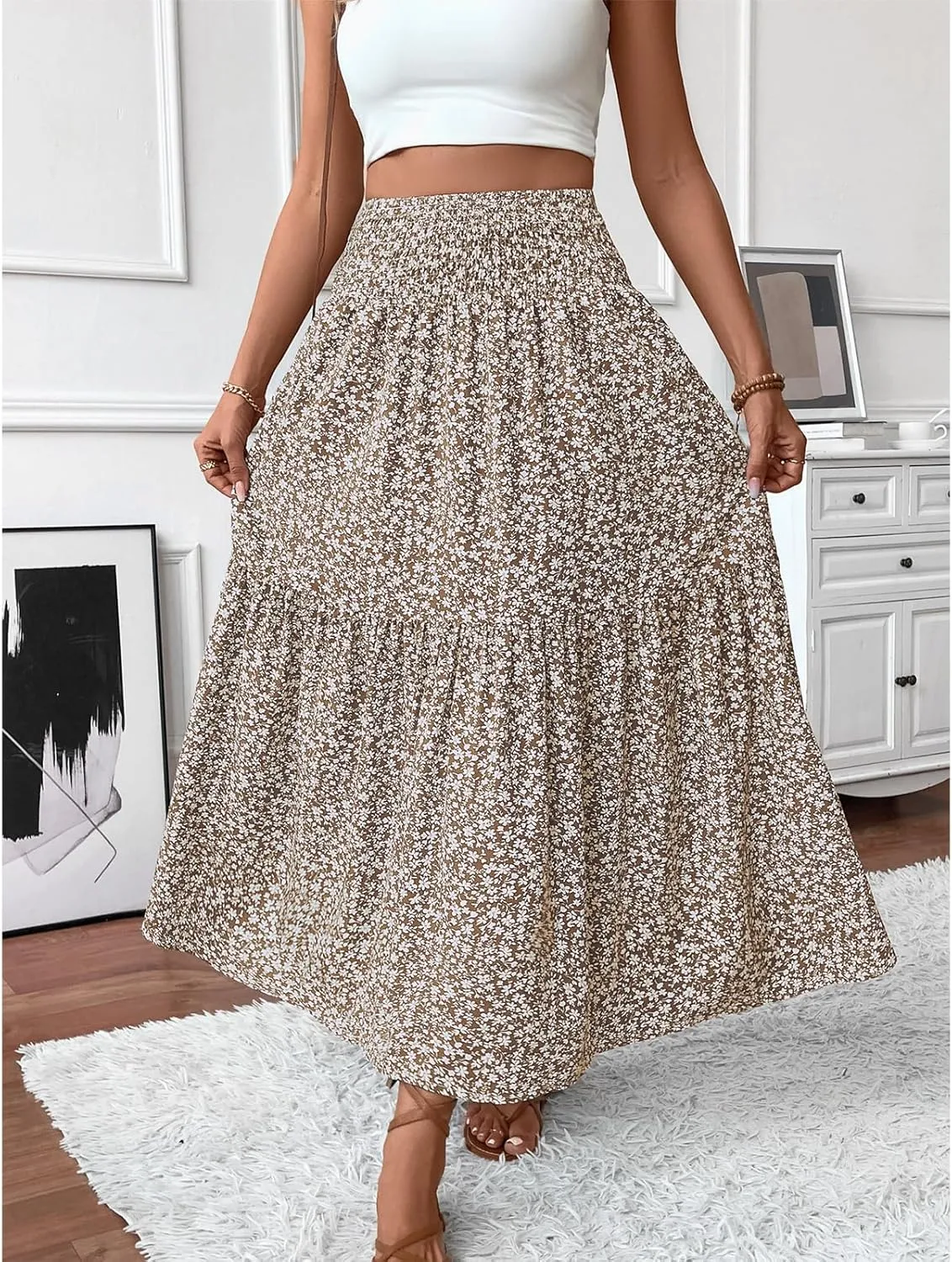 Long Flowy Skirts for Women Boho Chiffon Elastic High Waist Pleated A-Line Flared Maxi Skirt Summer Beach Skirts