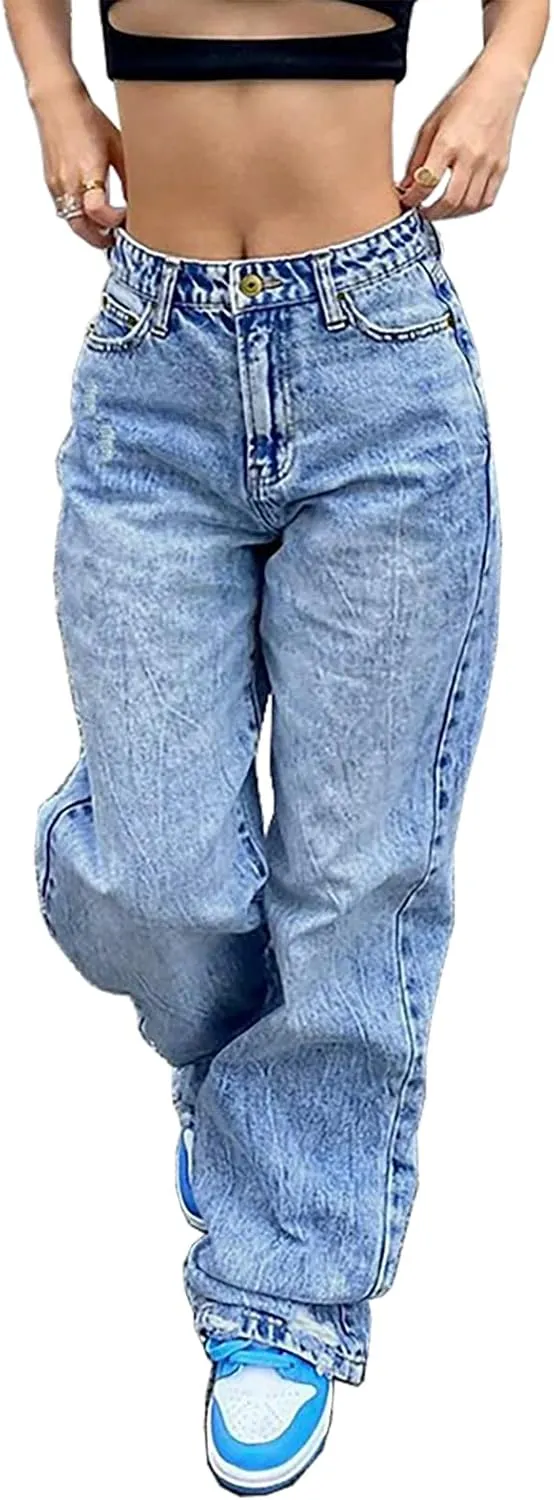 LQI Women's High Waist Baggy Boyfriend Jeans Distressed Wide Leg Denim Pants