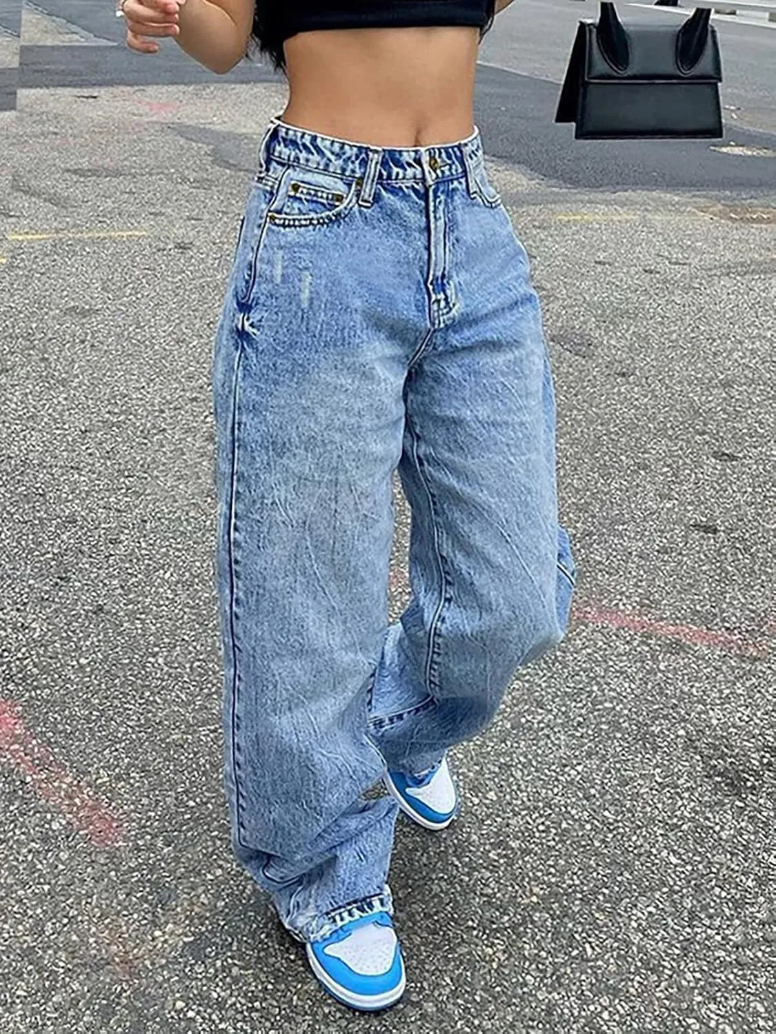 LQI Women's High Waist Baggy Boyfriend Jeans Distressed Wide Leg Denim Pants