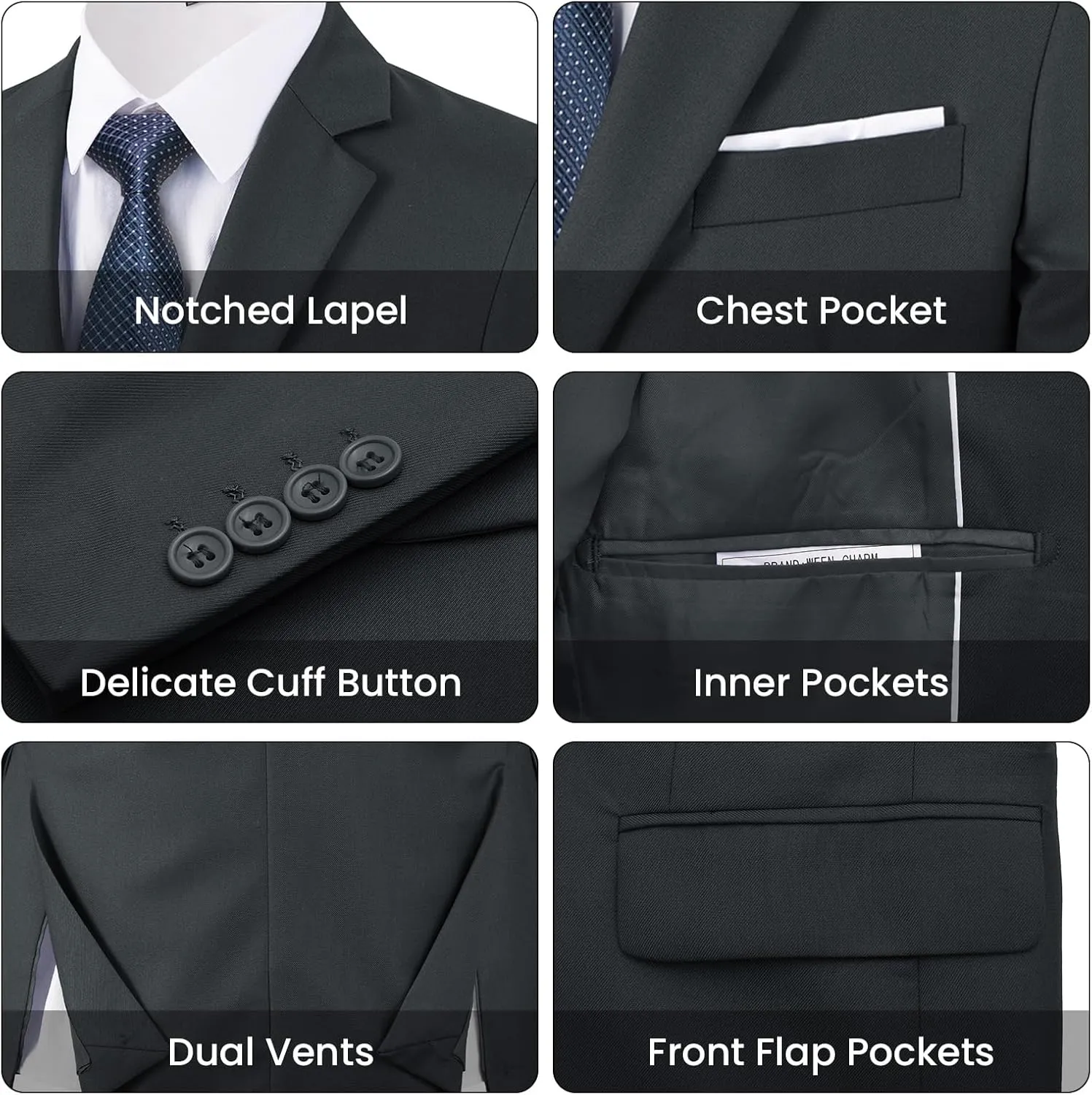 MAGE MALE Mens 3 Piece Slim Fit Suits Tuxedo Suit Set Prom Wedding Suits Two Button Blazer Jacket Vest Pants with Tie