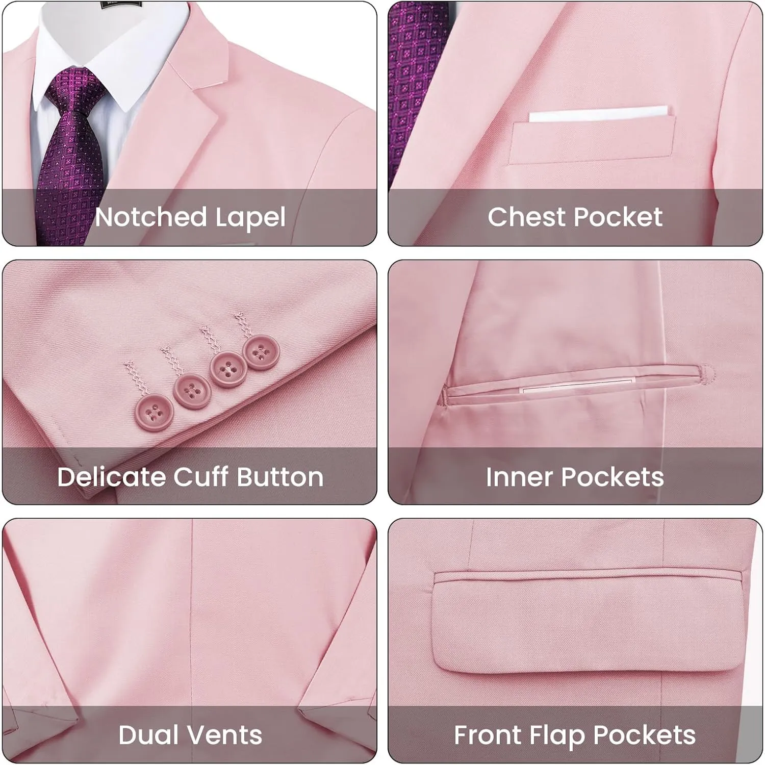 MAGE MALE Mens 3 Piece Slim Fit Suits Tuxedo Suit Set Prom Wedding Suits Two Button Blazer Jacket Vest Pants with Tie