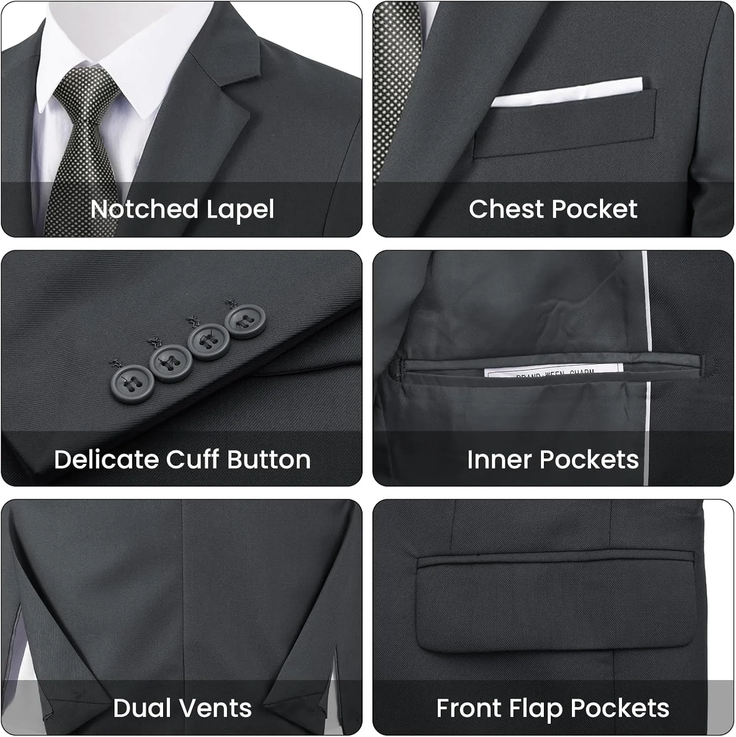 MAGE MALE Mens 3 Piece Slim Fit Suits Tuxedo Suit Set Prom Wedding Suits Two Button Blazer Jacket Vest Pants with Tie