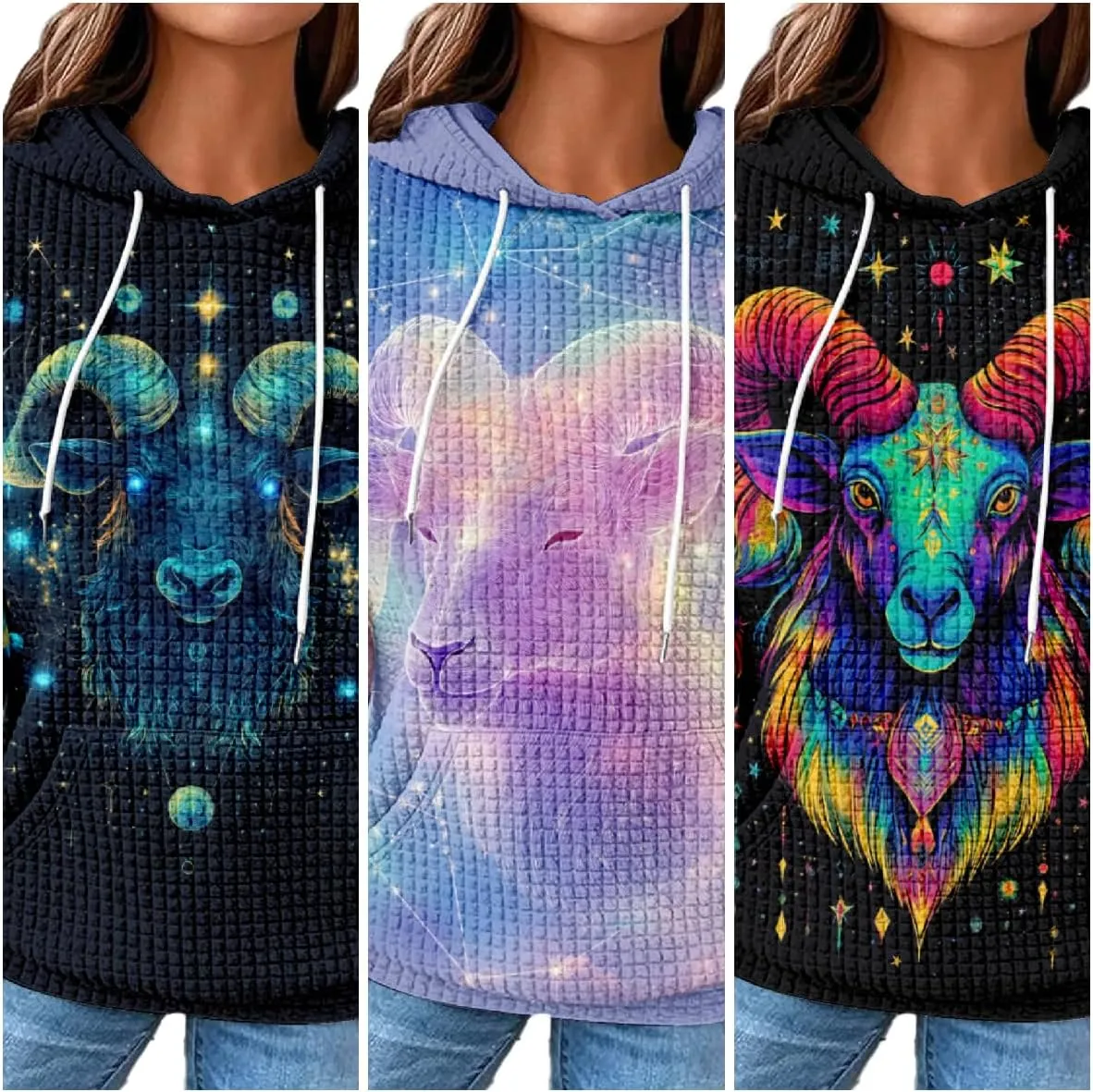 MARSVOVO Constellation Zodiac Graphic Hoodies for Women Gothic Waffle Sweatshirt Loose Casual Drawstring Fall Pullover