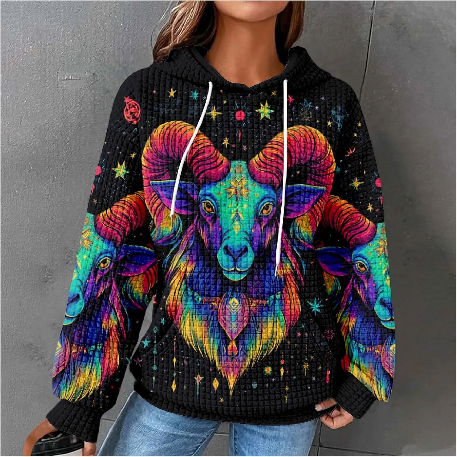 MARSVOVO Constellation Zodiac Graphic Hoodies for Women Gothic Waffle Sweatshirt Loose Casual Drawstring Fall Pullover