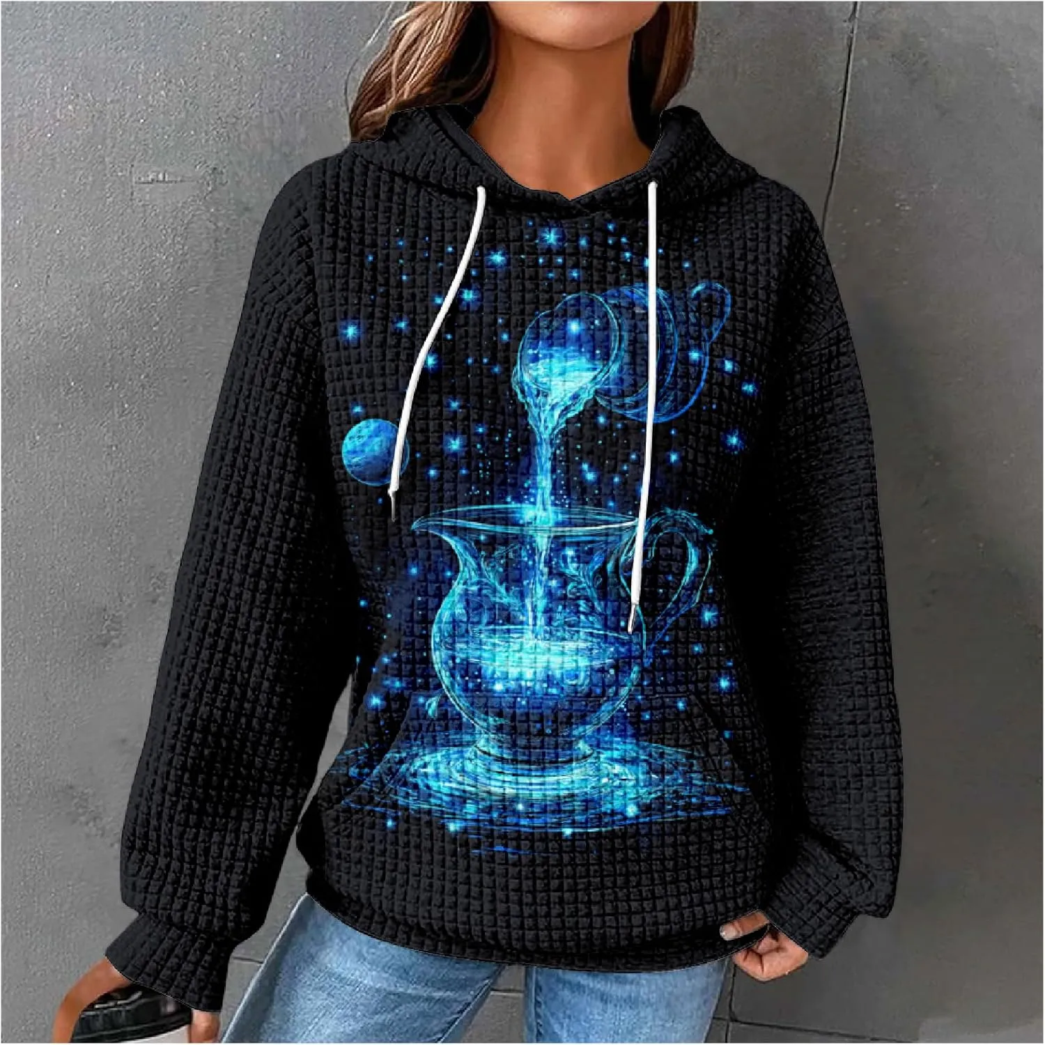 MARSVOVO Constellation Zodiac Graphic Hoodies for Women Gothic Waffle Sweatshirt Loose Casual Drawstring Fall Pullover
