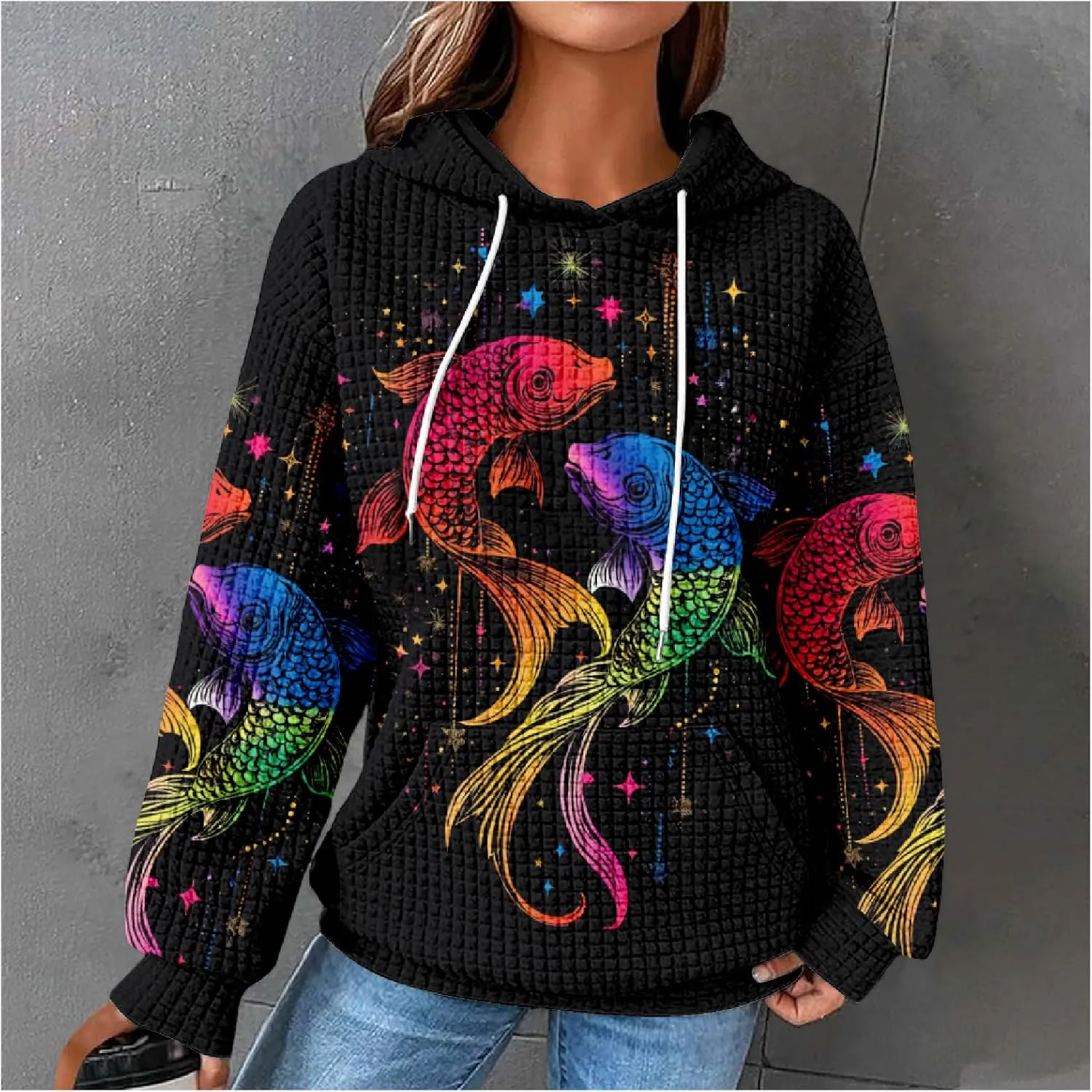 MARSVOVO Constellation Zodiac Graphic Hoodies for Women Gothic Waffle Sweatshirt Loose Casual Drawstring Fall Pullover