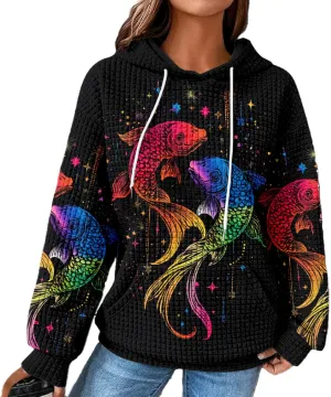 MARSVOVO Constellation Zodiac Graphic Hoodies for Women Gothic Waffle Sweatshirt Loose Casual Drawstring Fall Pullover