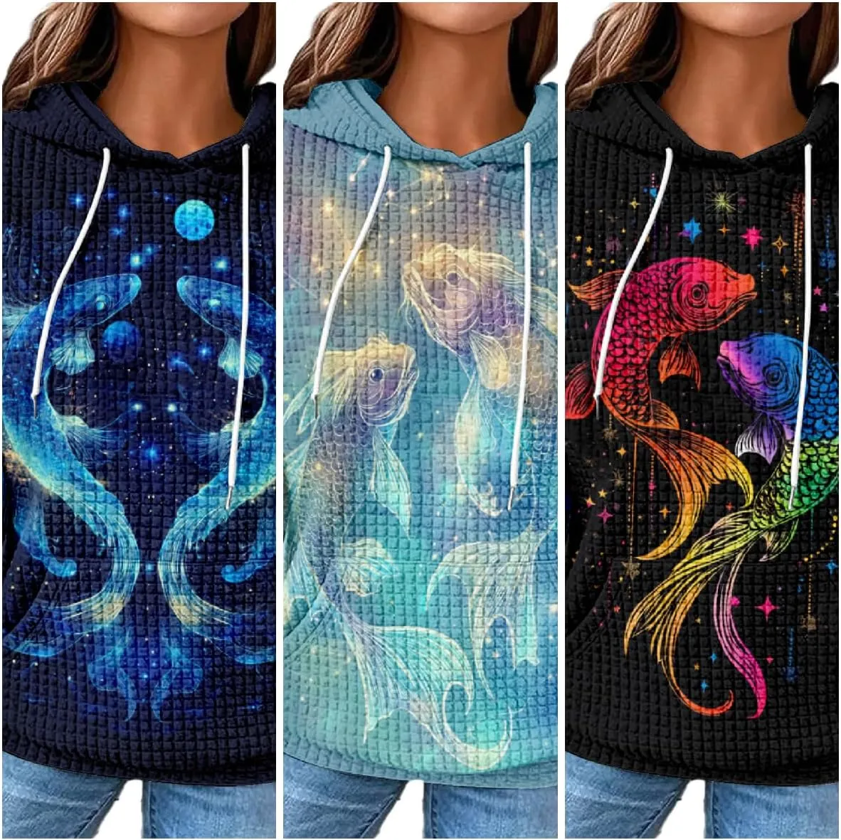 MARSVOVO Constellation Zodiac Graphic Hoodies for Women Gothic Waffle Sweatshirt Loose Casual Drawstring Fall Pullover