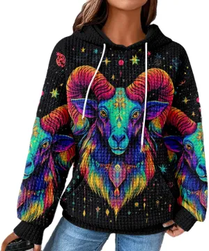 MARSVOVO Constellation Zodiac Graphic Hoodies for Women Gothic Waffle Sweatshirt Loose Casual Drawstring Fall Pullover
