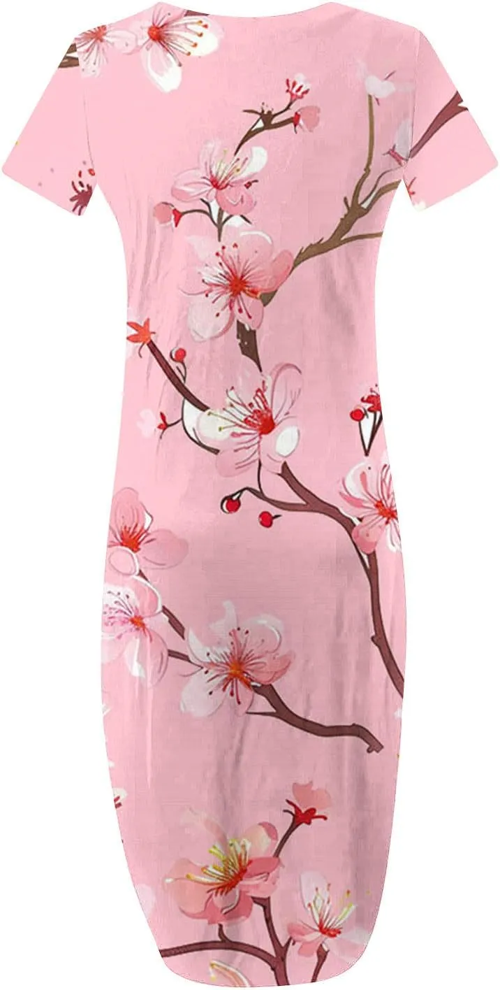 Maxi Dresses for Women 2025 Short Sleeve Casual Boho Floral T-Shirt Dress Flowy Beach Sundress with Pockets