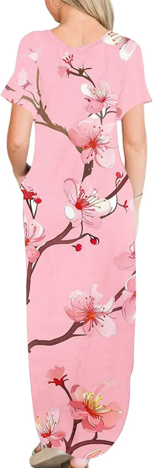 Maxi Dresses for Women 2025 Short Sleeve Casual Boho Floral T-Shirt Dress Flowy Beach Sundress with Pockets