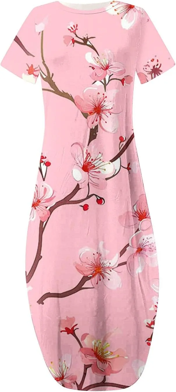 Maxi Dresses for Women 2025 Short Sleeve Casual Boho Floral T-Shirt Dress Flowy Beach Sundress with Pockets
