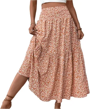Maxi Skirts for Women Floral Boho Beach Flowy Tiered Midi Skirt High Waisted Long Skirts Drawstring A Line Skirt