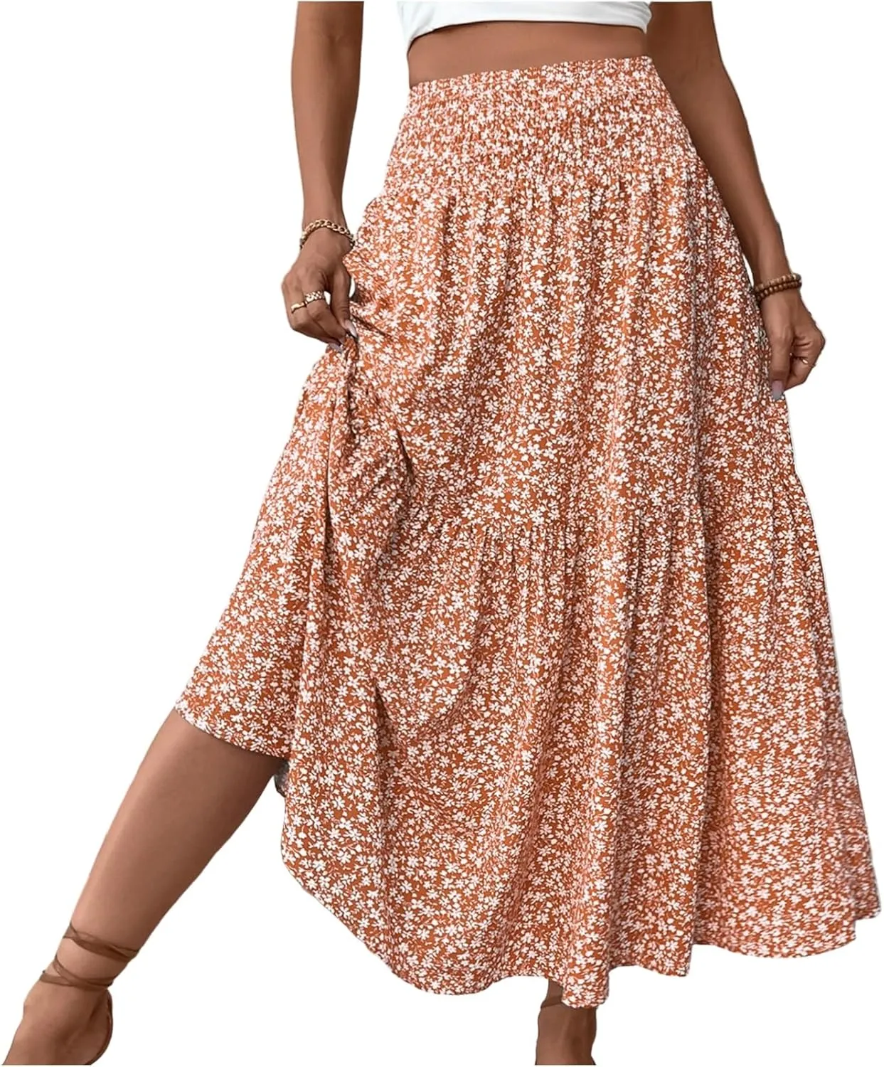 Maxi Skirts for Women Floral Boho Beach Flowy Tiered Midi Skirt High Waisted Long Skirts Drawstring A Line Skirt