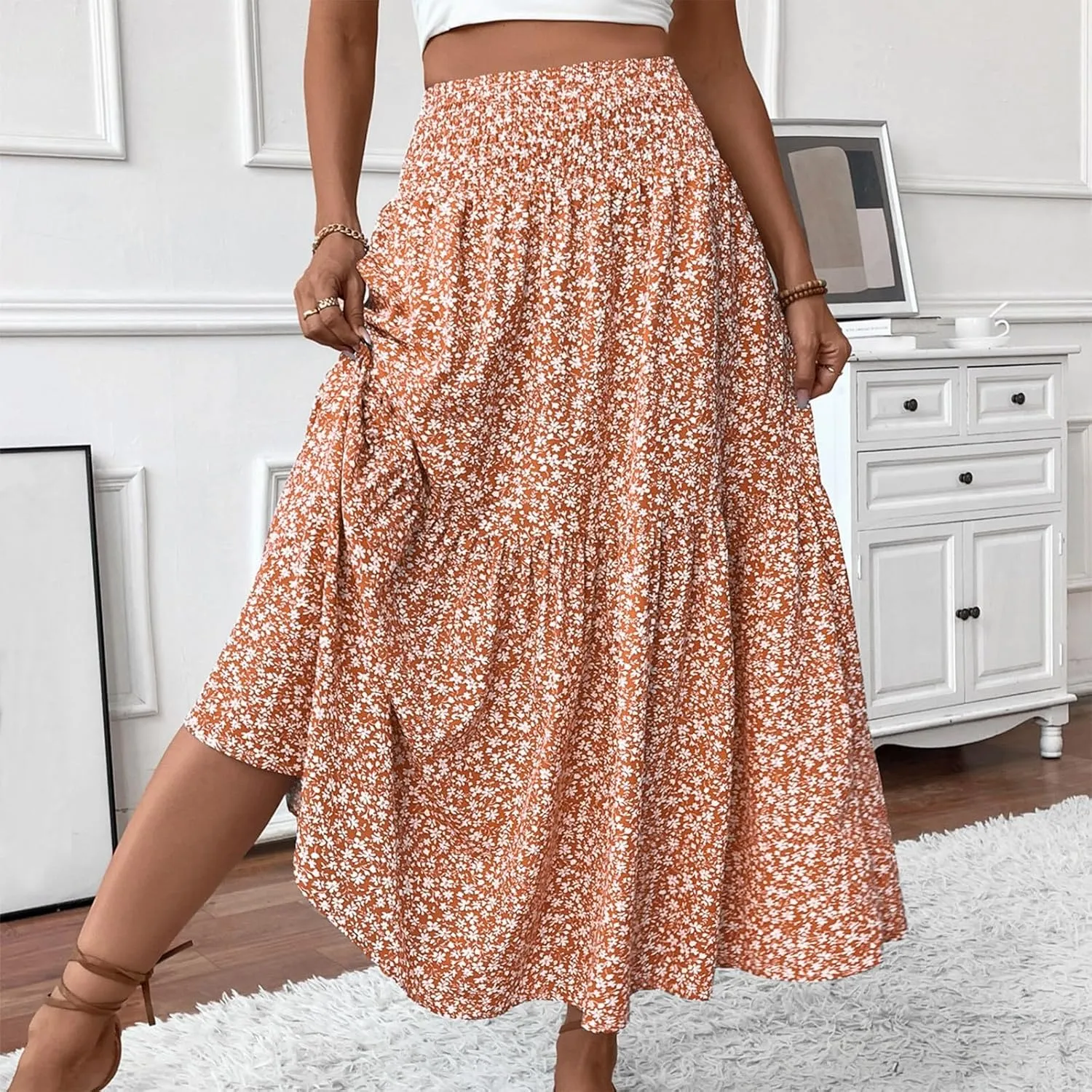 Maxi Skirts for Women Floral Boho Beach Flowy Tiered Midi Skirt High Waisted Long Skirts Drawstring A Line Skirt