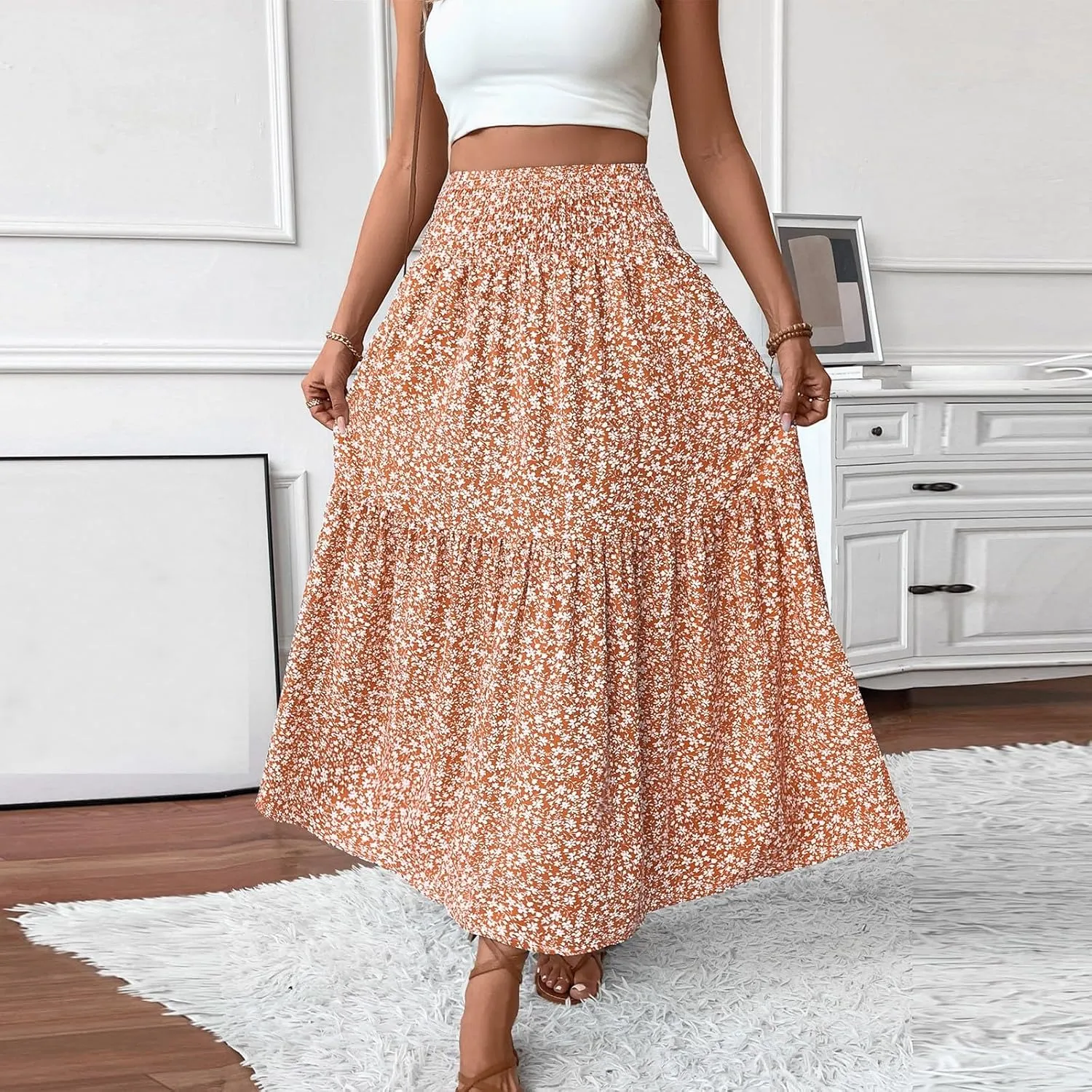Maxi Skirts for Women Floral Boho Beach Flowy Tiered Midi Skirt High Waisted Long Skirts Drawstring A Line Skirt