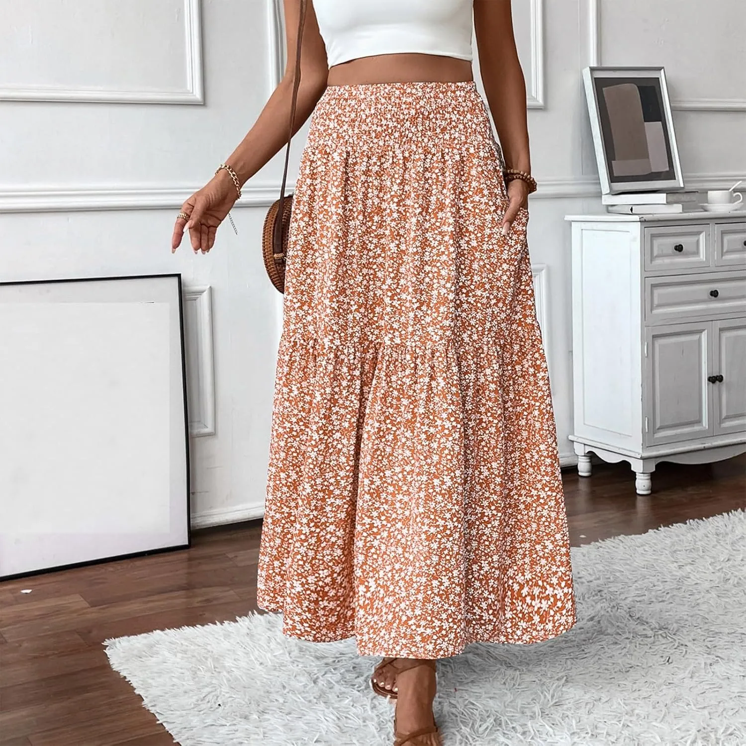 Maxi Skirts for Women Floral Boho Beach Flowy Tiered Midi Skirt High Waisted Long Skirts Drawstring A Line Skirt