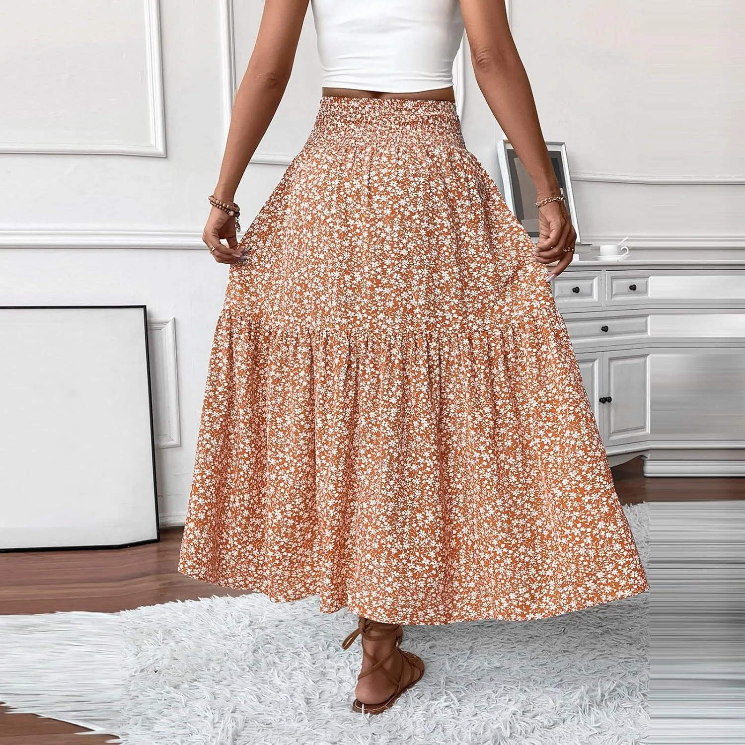 Maxi Skirts for Women Floral Boho Beach Flowy Tiered Midi Skirt High Waisted Long Skirts Drawstring A Line Skirt