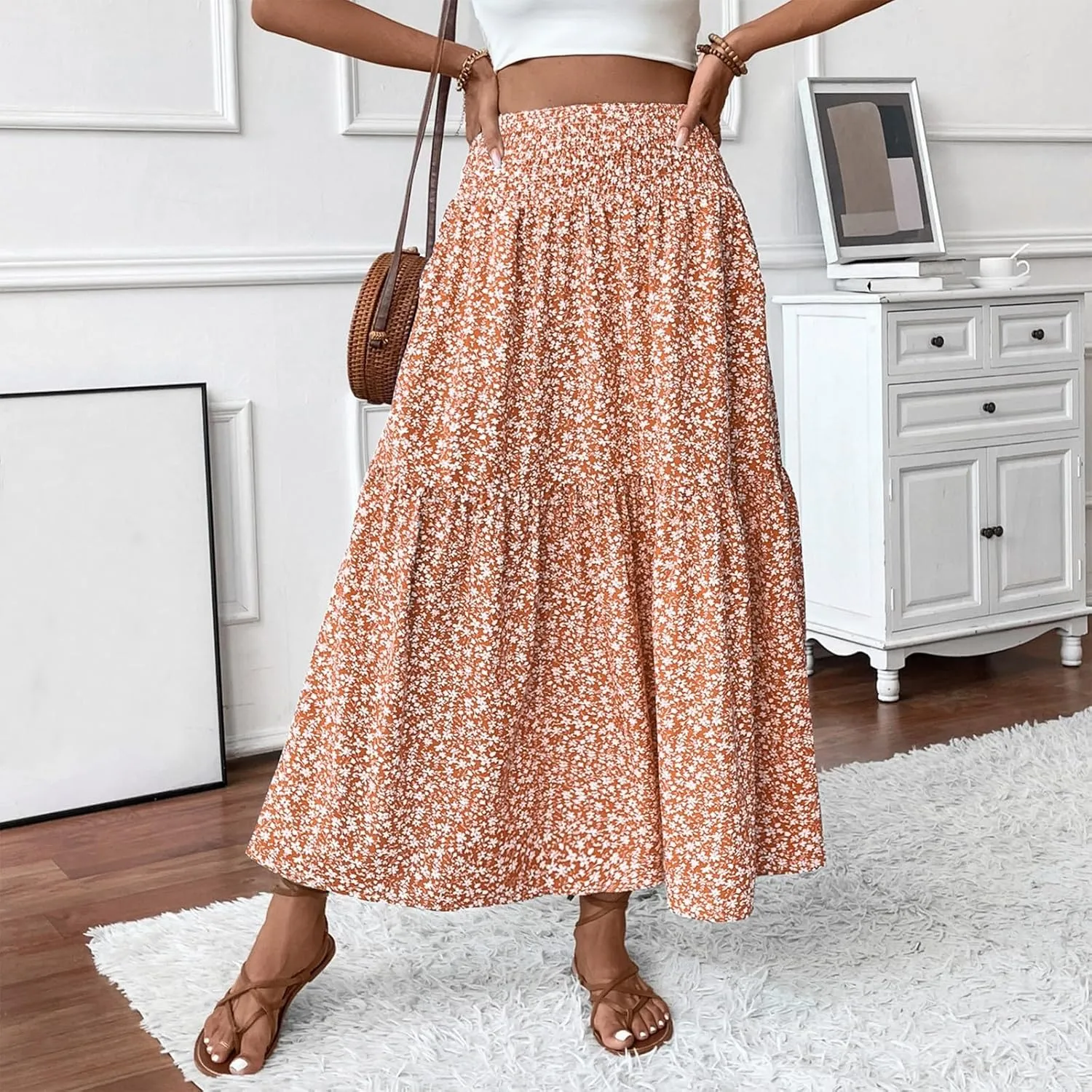 Maxi Skirts for Women Floral Boho Beach Flowy Tiered Midi Skirt High Waisted Long Skirts Drawstring A Line Skirt
