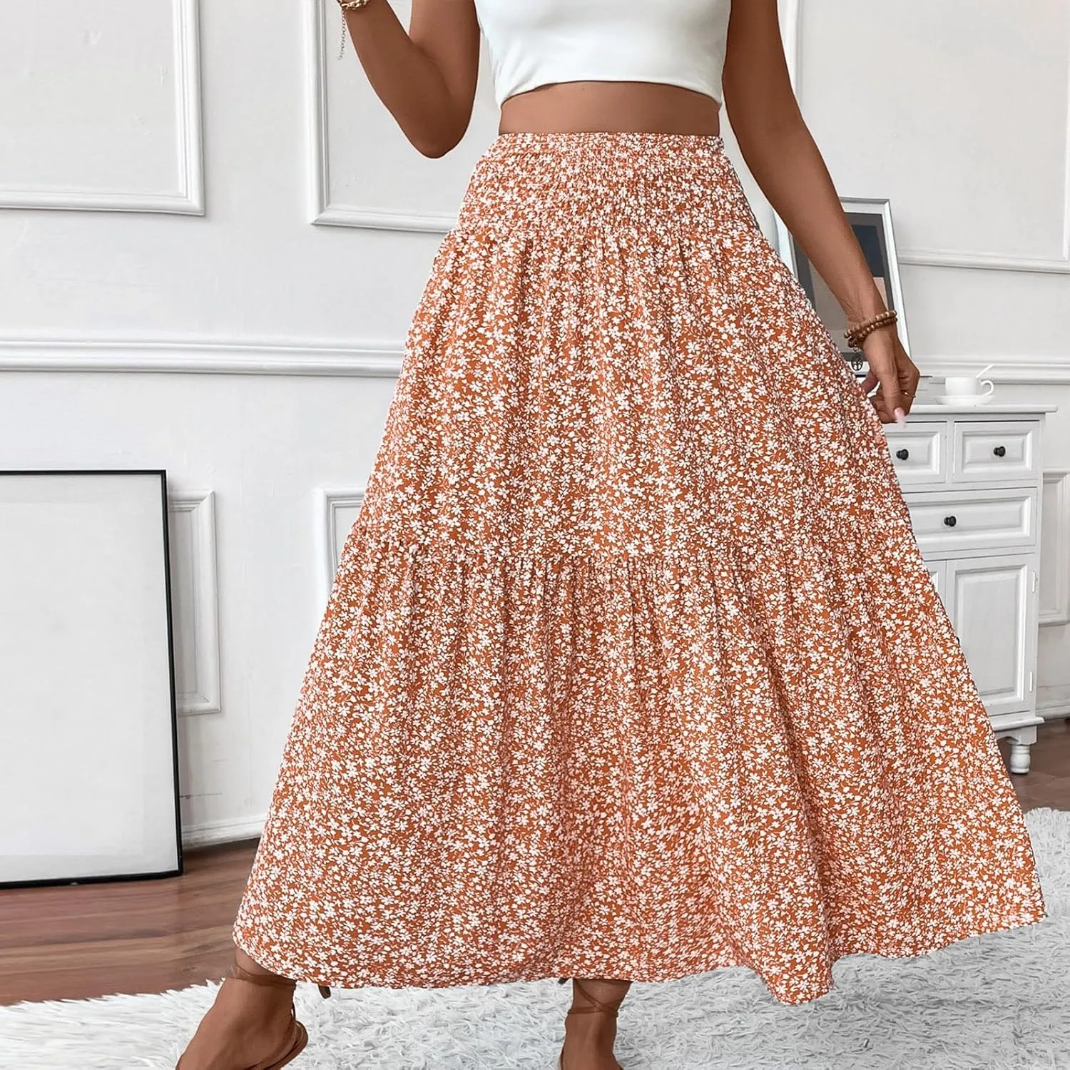 Maxi Skirts for Women Floral Boho Beach Flowy Tiered Midi Skirt High Waisted Long Skirts Drawstring A Line Skirt