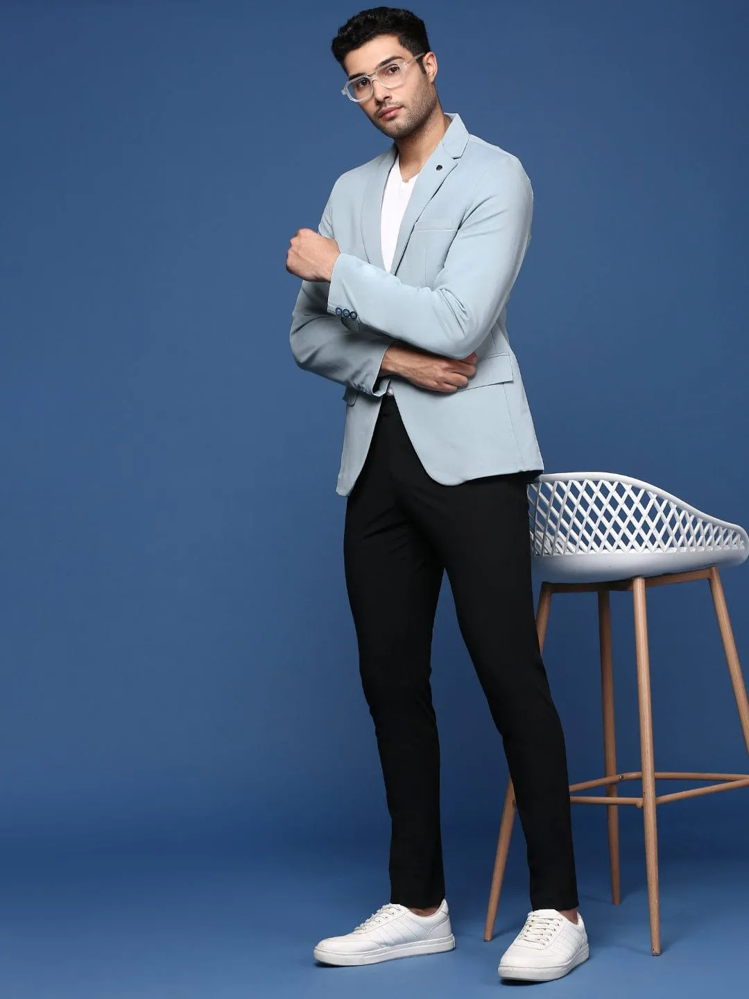 Men Blue Notched Lapel Slim Fit Single Breasted Blazer