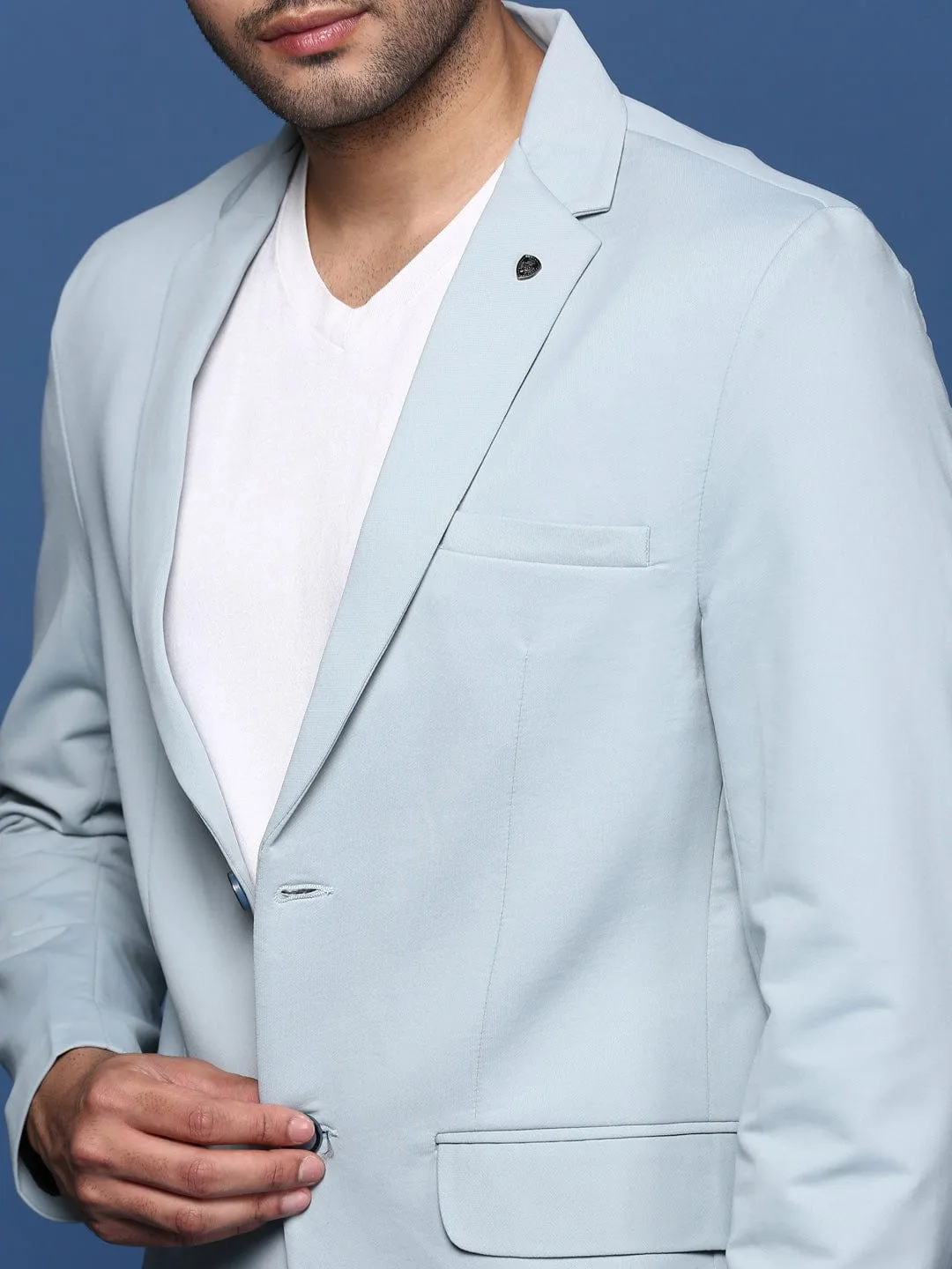 Men Blue Notched Lapel Slim Fit Single Breasted Blazer