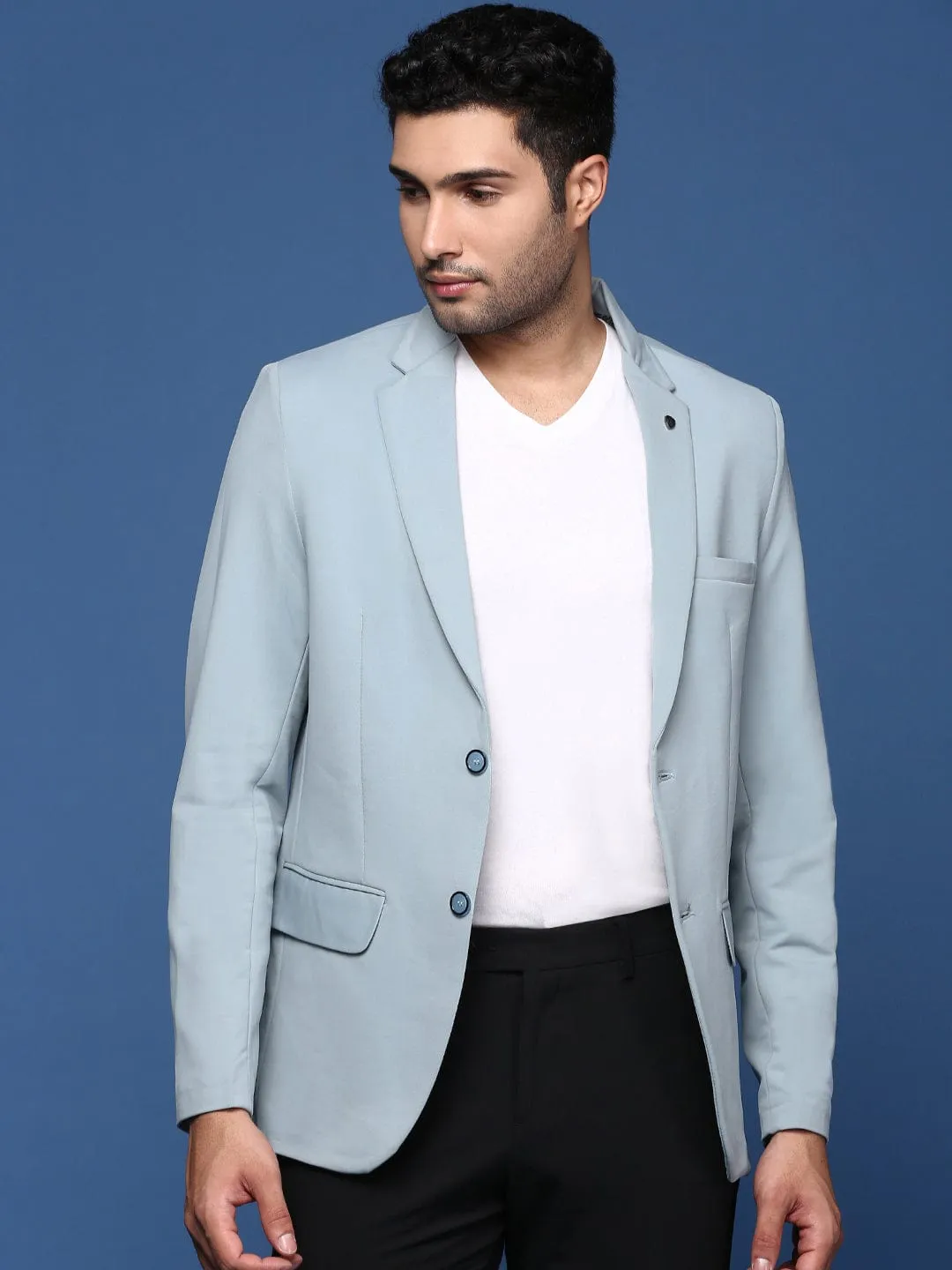 Men Blue Notched Lapel Slim Fit Single Breasted Blazer
