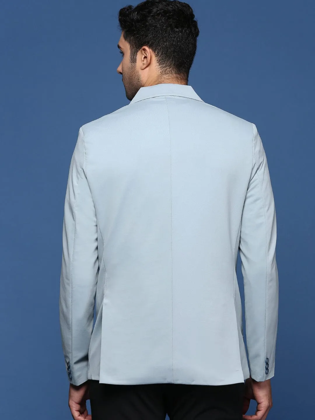 Men Blue Notched Lapel Slim Fit Single Breasted Blazer