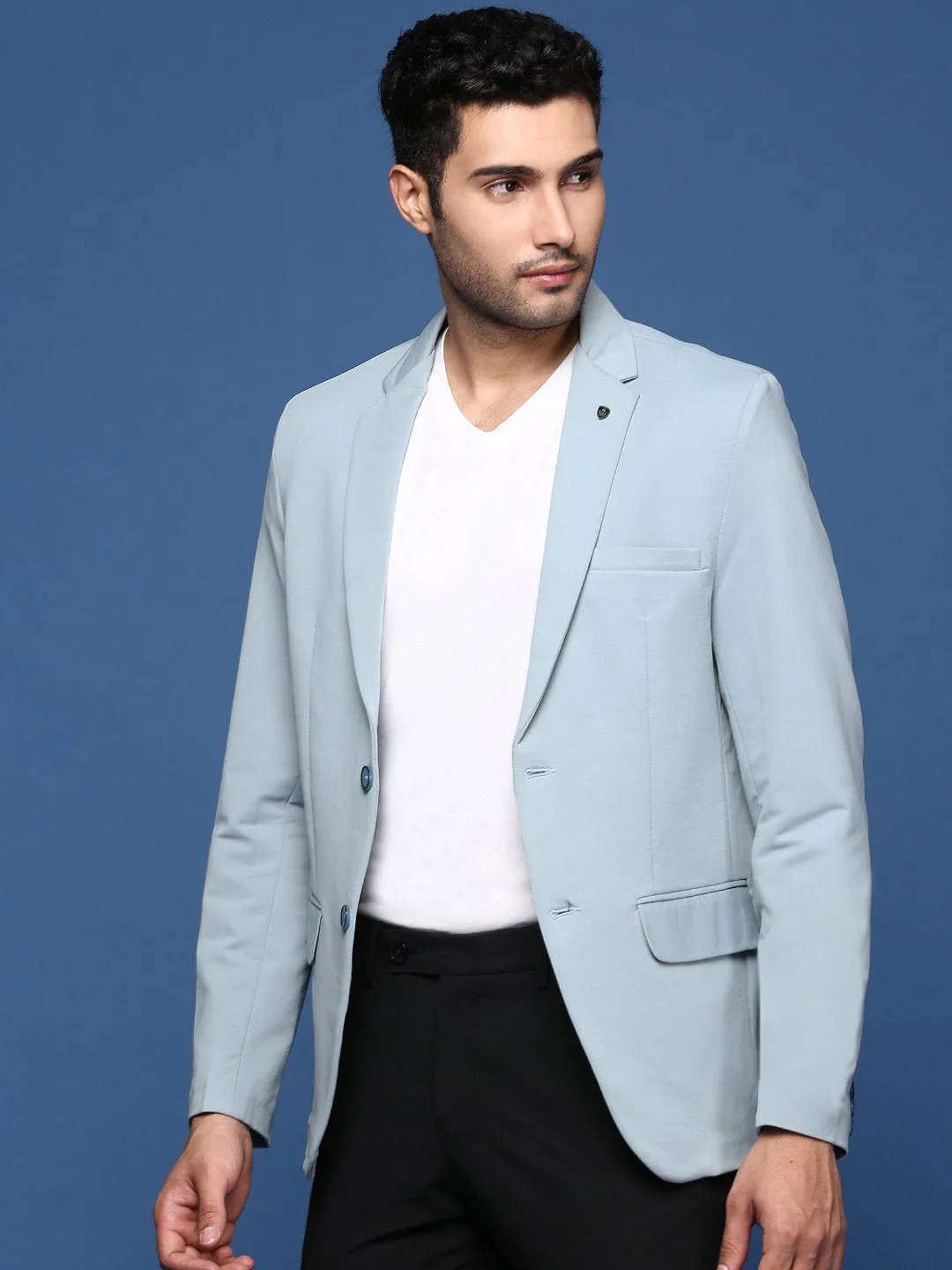 Men Blue Notched Lapel Slim Fit Single Breasted Blazer
