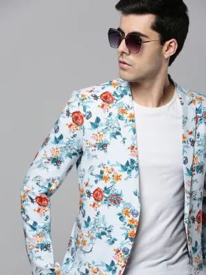 Men Blue Printed Single-Breasted Blazer