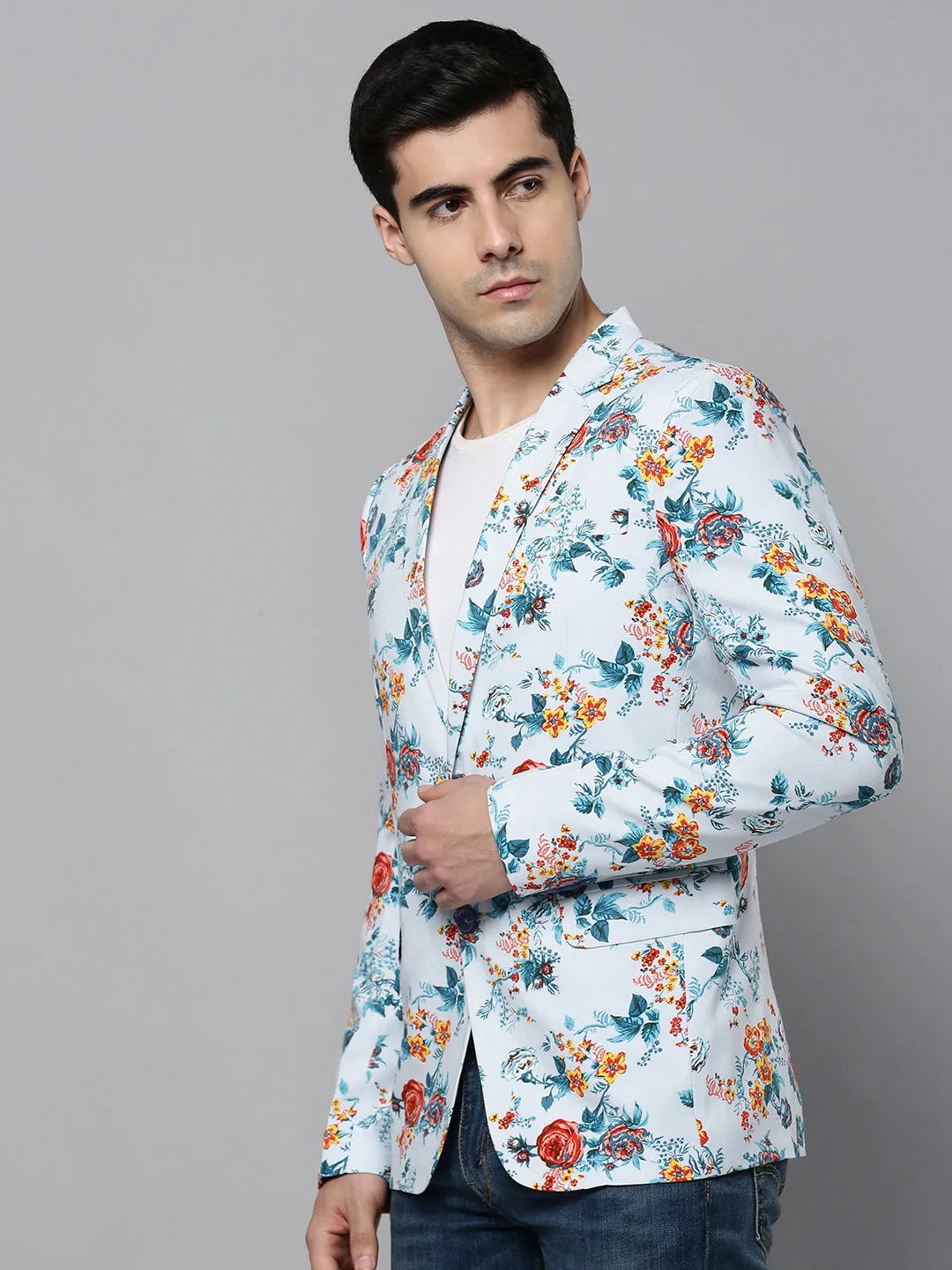 Men Blue Printed Single-Breasted Blazer