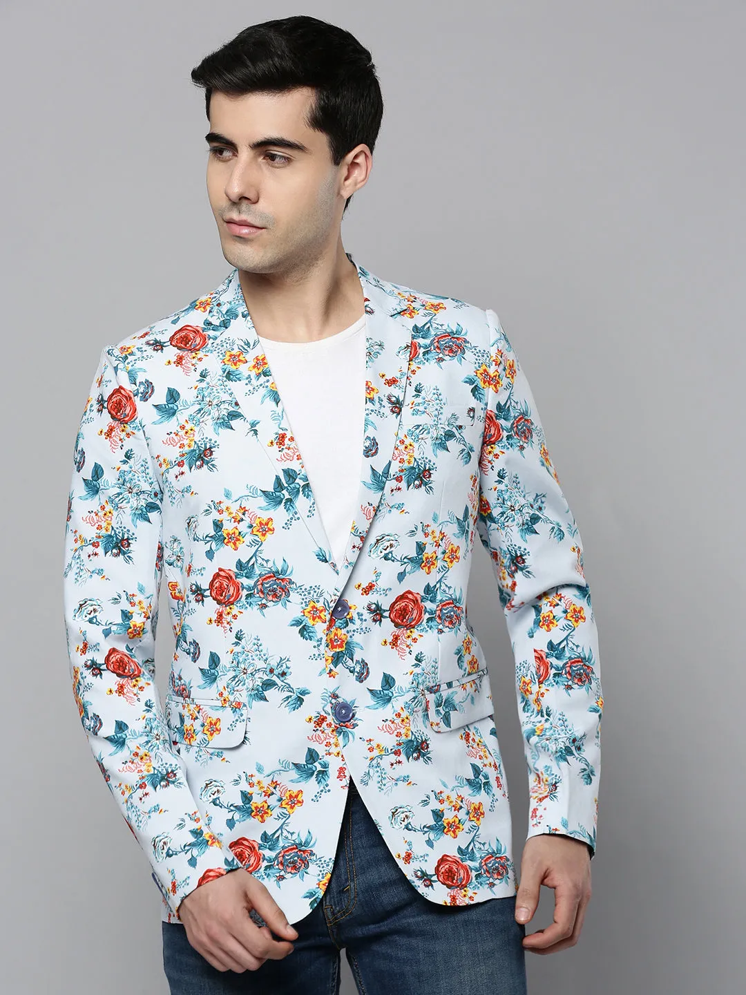 Men Blue Printed Single-Breasted Blazer