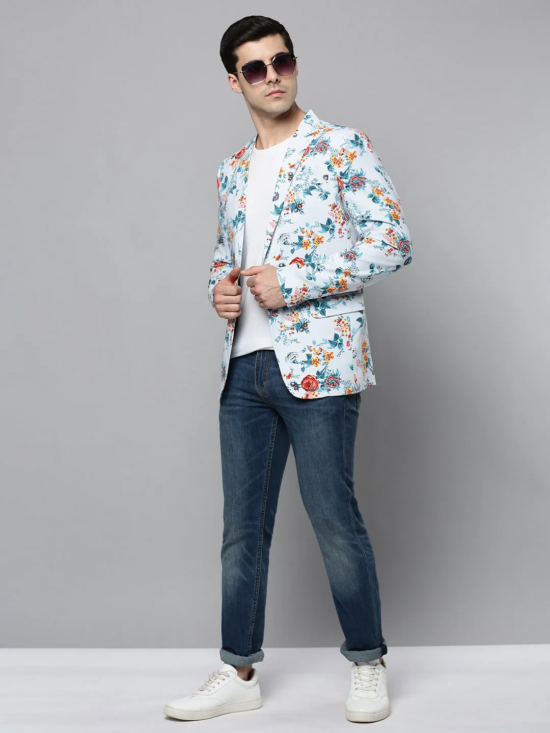 Men Blue Printed Single-Breasted Blazer