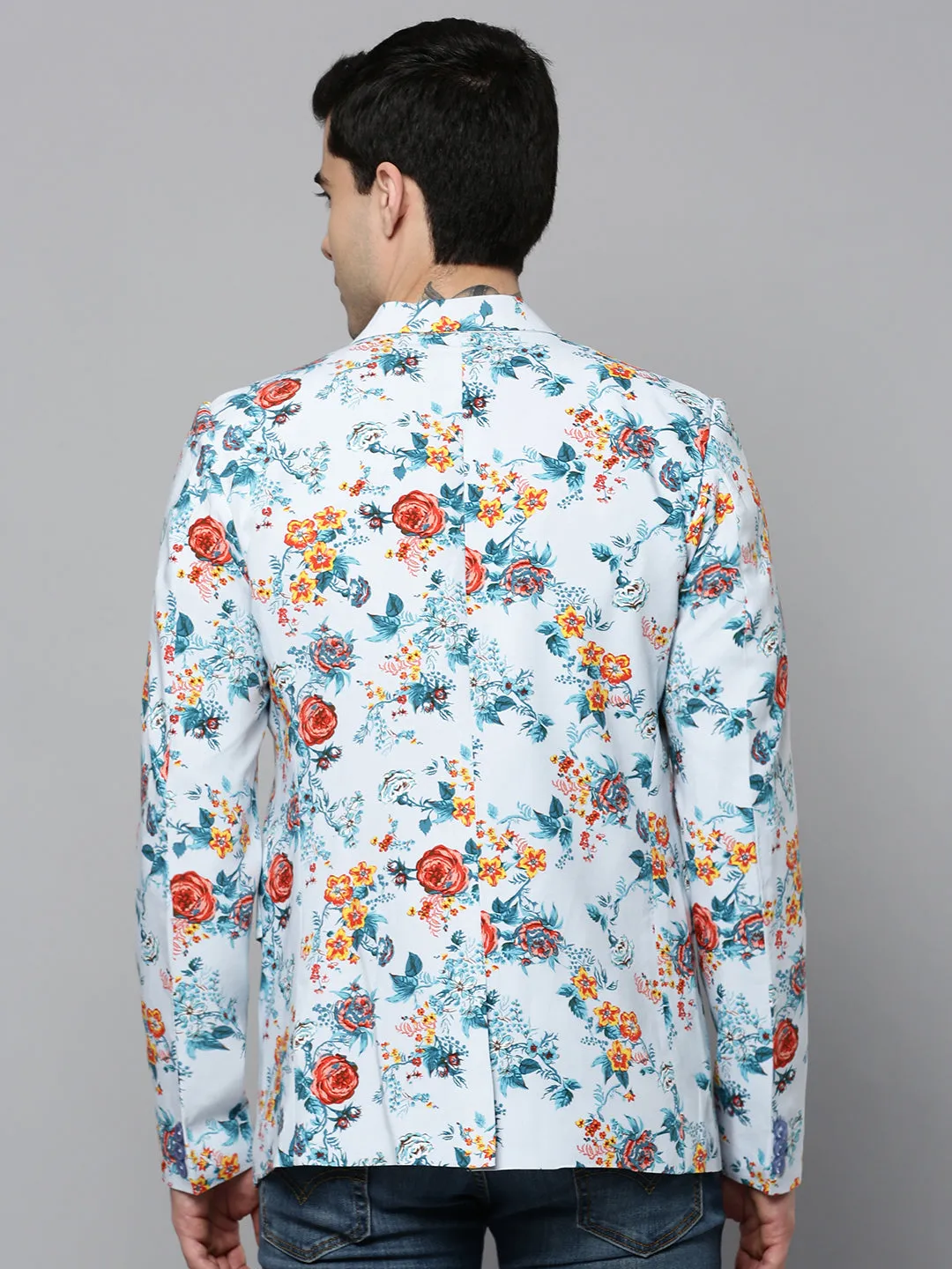 Men Blue Printed Single-Breasted Blazer