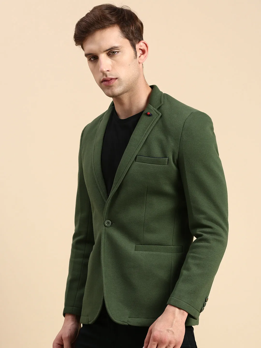 Men Green Slim-Fit Single Breasted Blazer