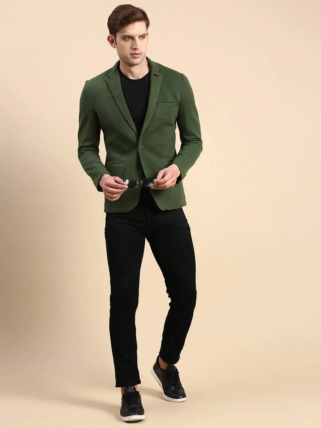 Men Green Slim-Fit Single Breasted Blazer