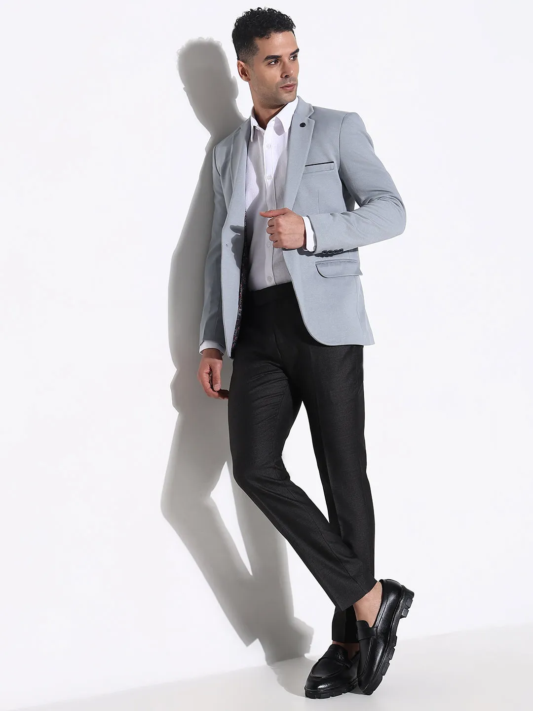 Men Grey Slim Fit Lapel Collar Single Breasted Blazer