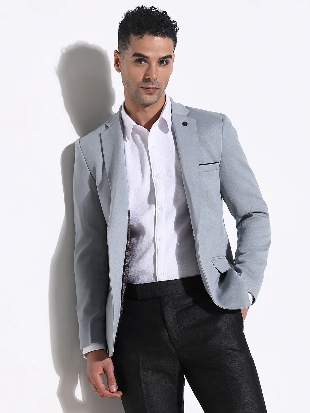 Men Grey Slim Fit Lapel Collar Single Breasted Blazer