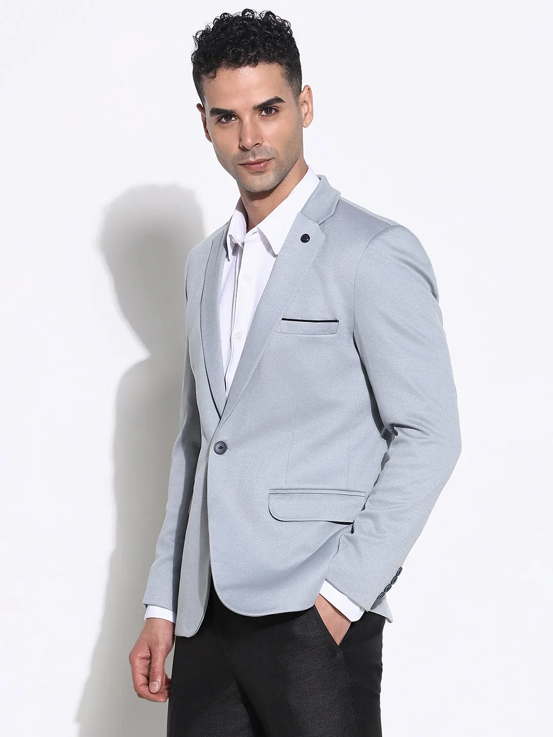 Men Grey Slim Fit Lapel Collar Single Breasted Blazer