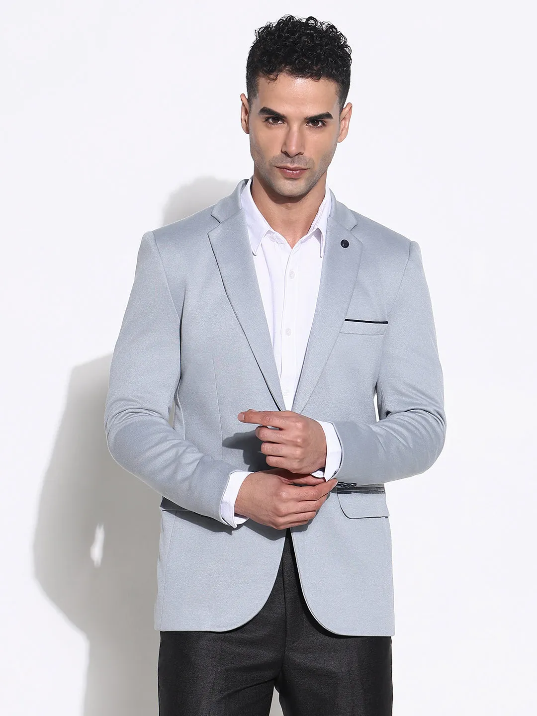 Men Grey Slim Fit Lapel Collar Single Breasted Blazer