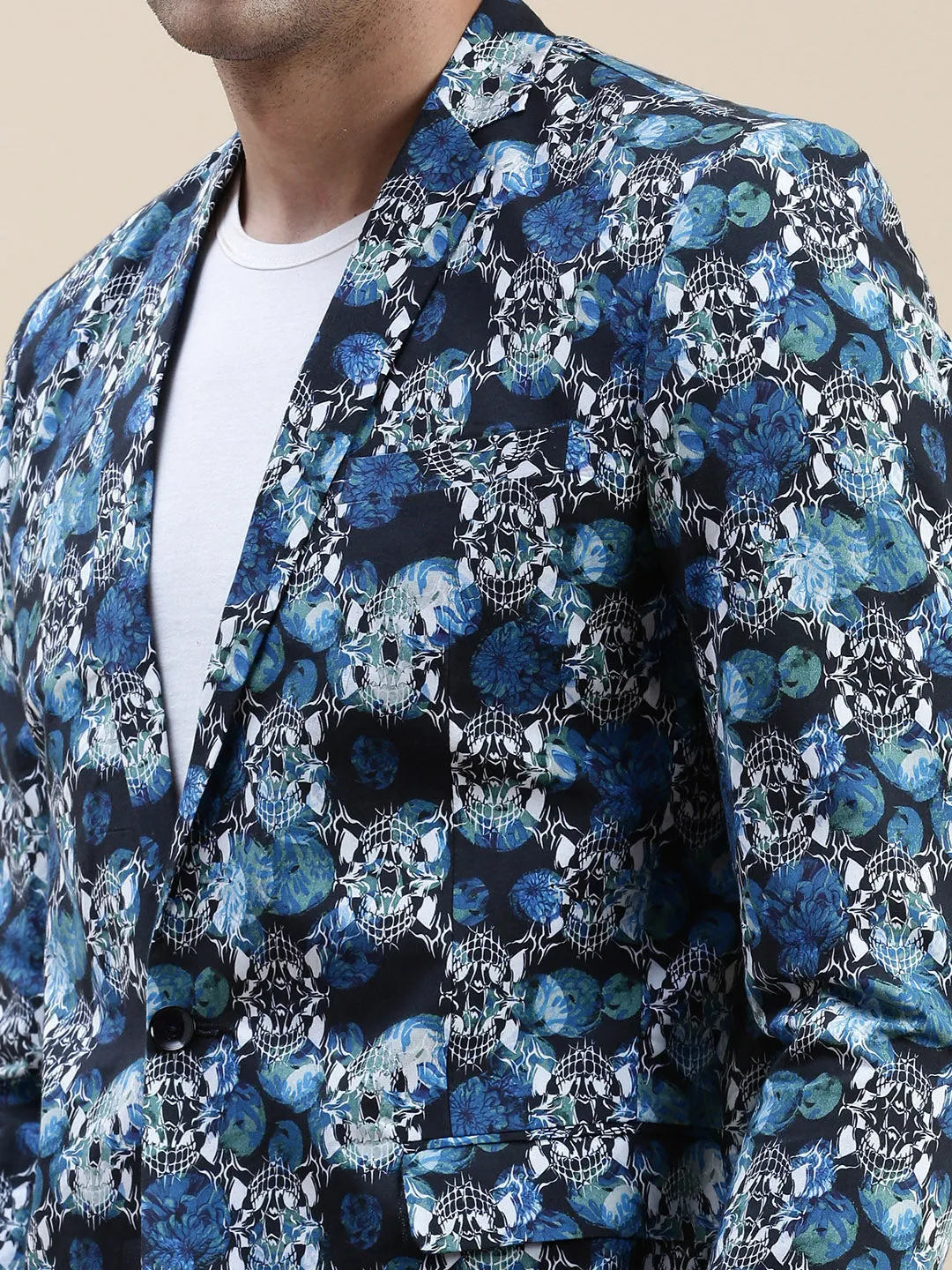 Men Multi Printed Cotton Single-Breasted Blazer