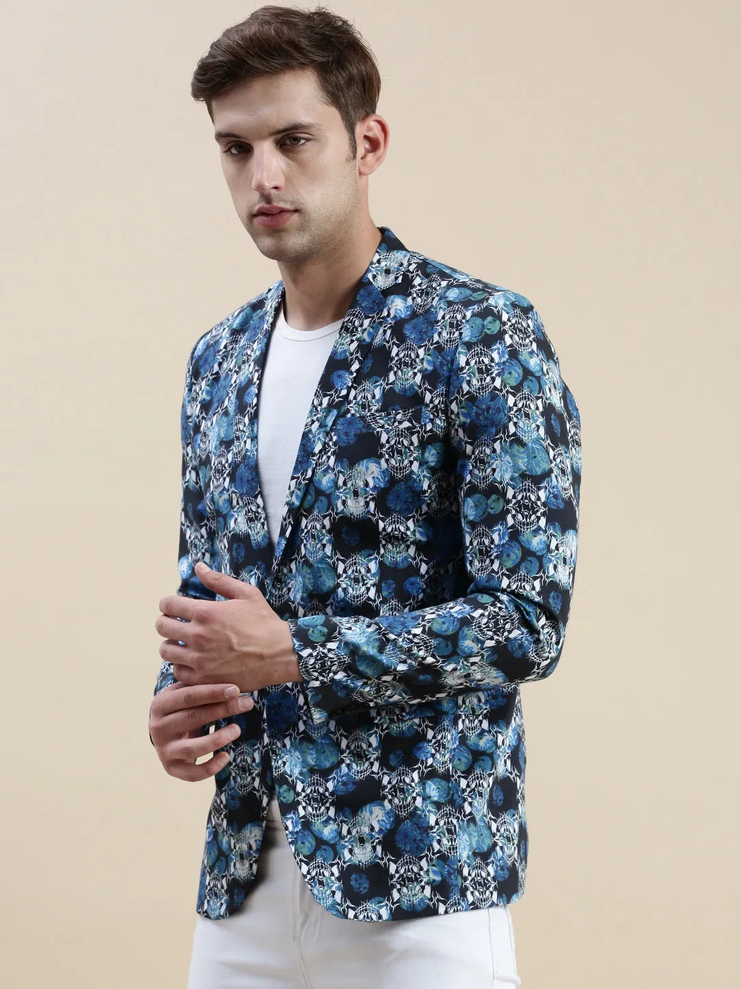 Men Multi Printed Cotton Single-Breasted Blazer