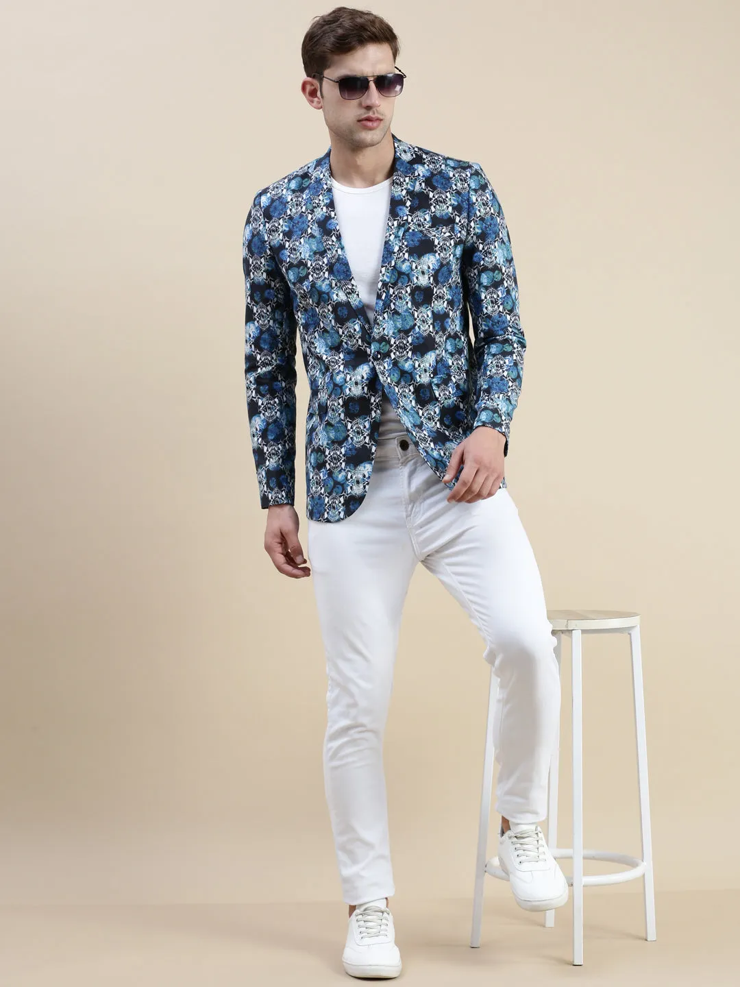 Men Multi Printed Cotton Single-Breasted Blazer